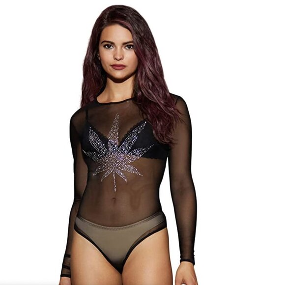 HIGH DEMAND black mesh sparkle pot leaf bodysuit M - Picture 5 of 5